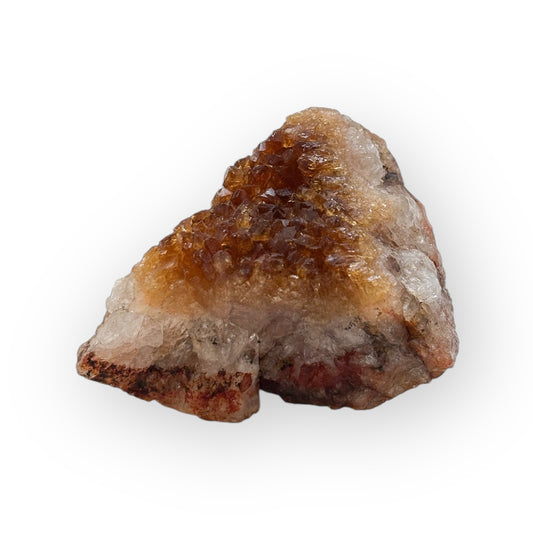 Raw Citrine Quartz Cluster with golden crystal points shown at an angle on white background.