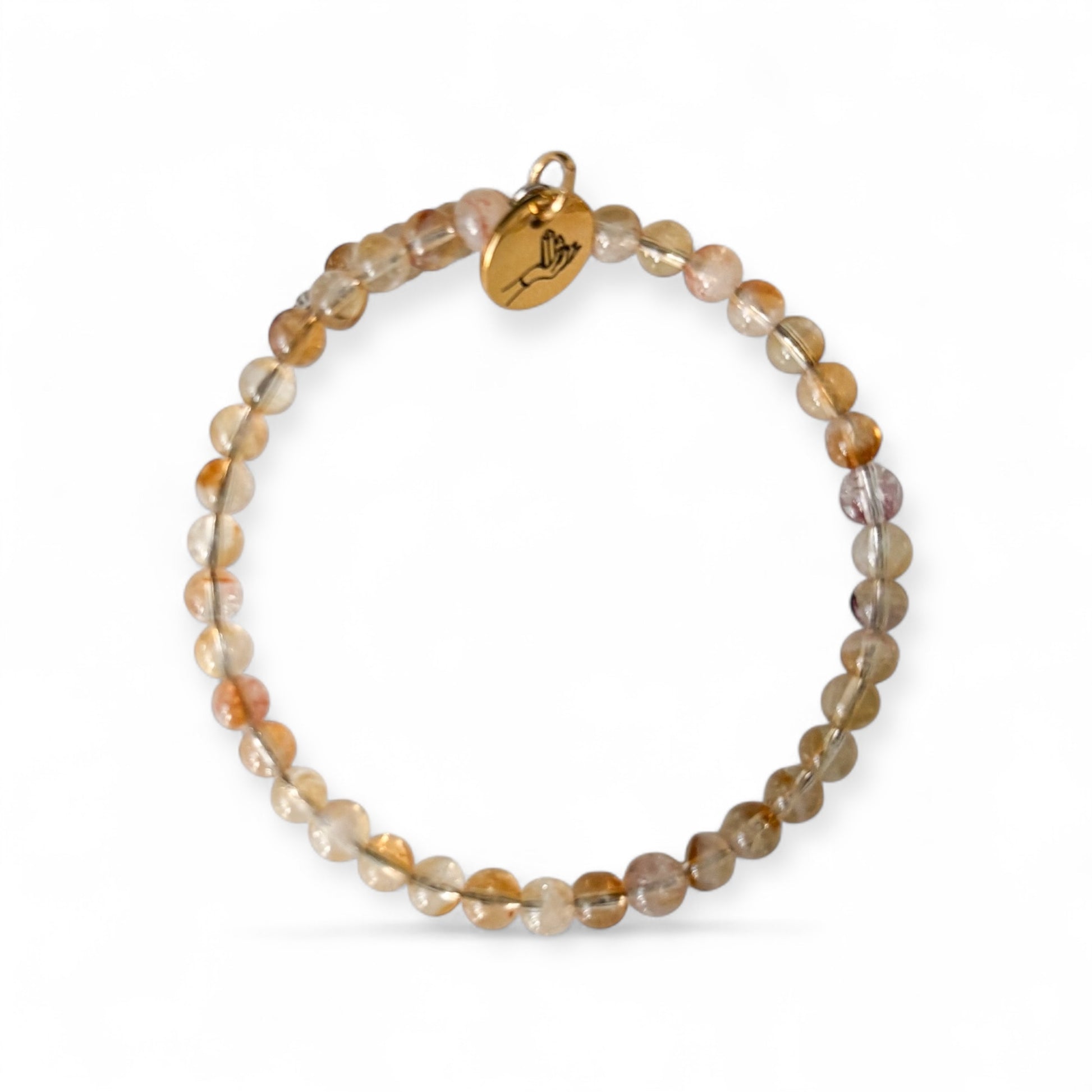 Flexible stainless steel Citrine Natural crystal bracelet with 4mm beads on a white background.