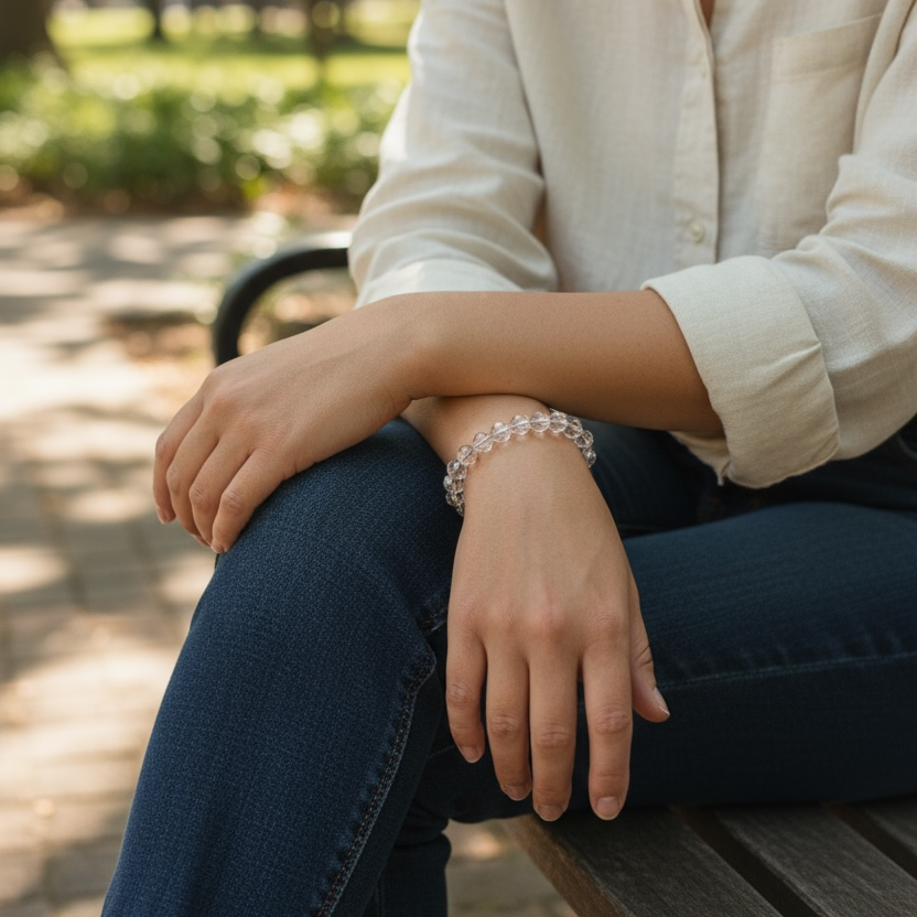Woman wearing a Clear Quartz 10mm micro-faceted crystal bracelet while sitting outdoors.