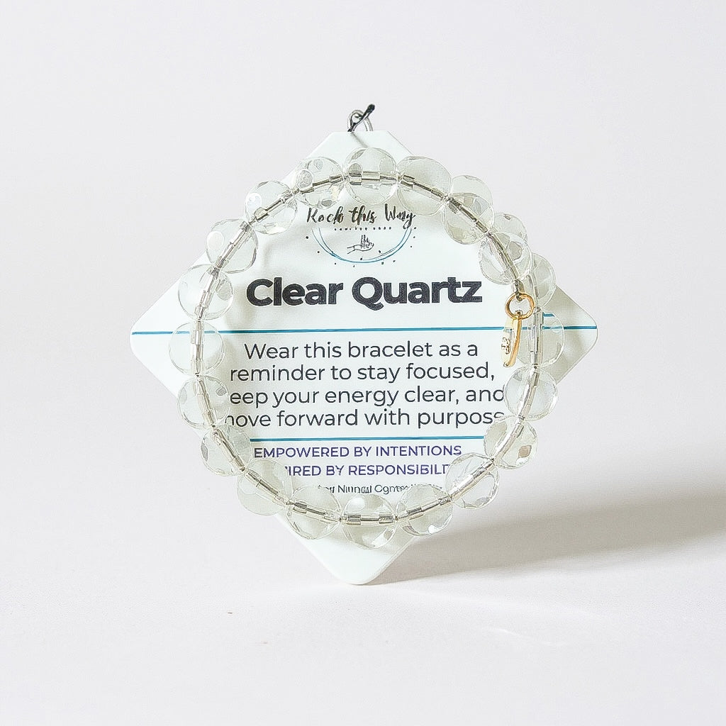 Clear Quartz micro-faceted 10mm bracelet styled on its Rock This Way meaning card.