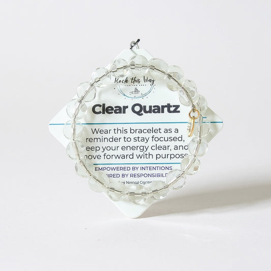 Clear Quartz micro-faceted 10mm bracelet styled on its Rock This Way meaning card.