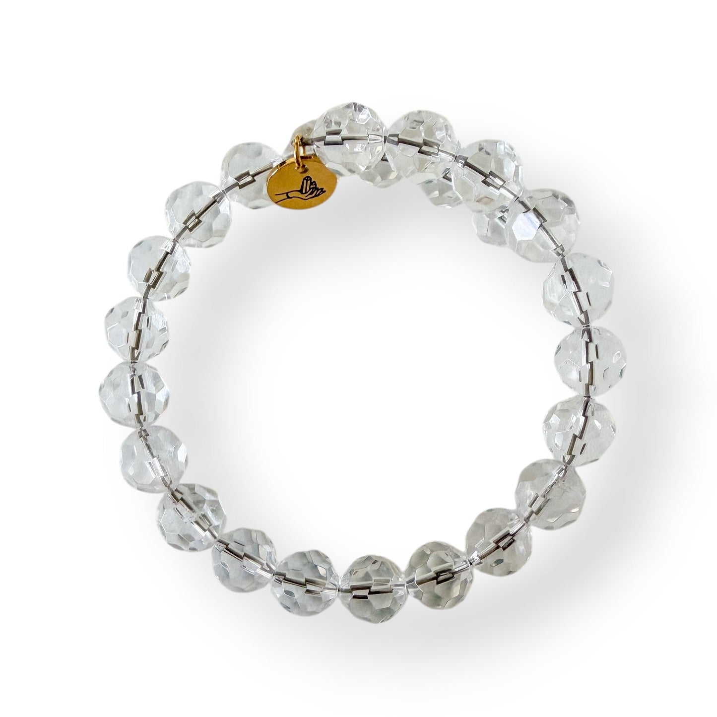 Top view of the Clear Quartz 10mm micro-faceted bracelet showing round faceted beads.