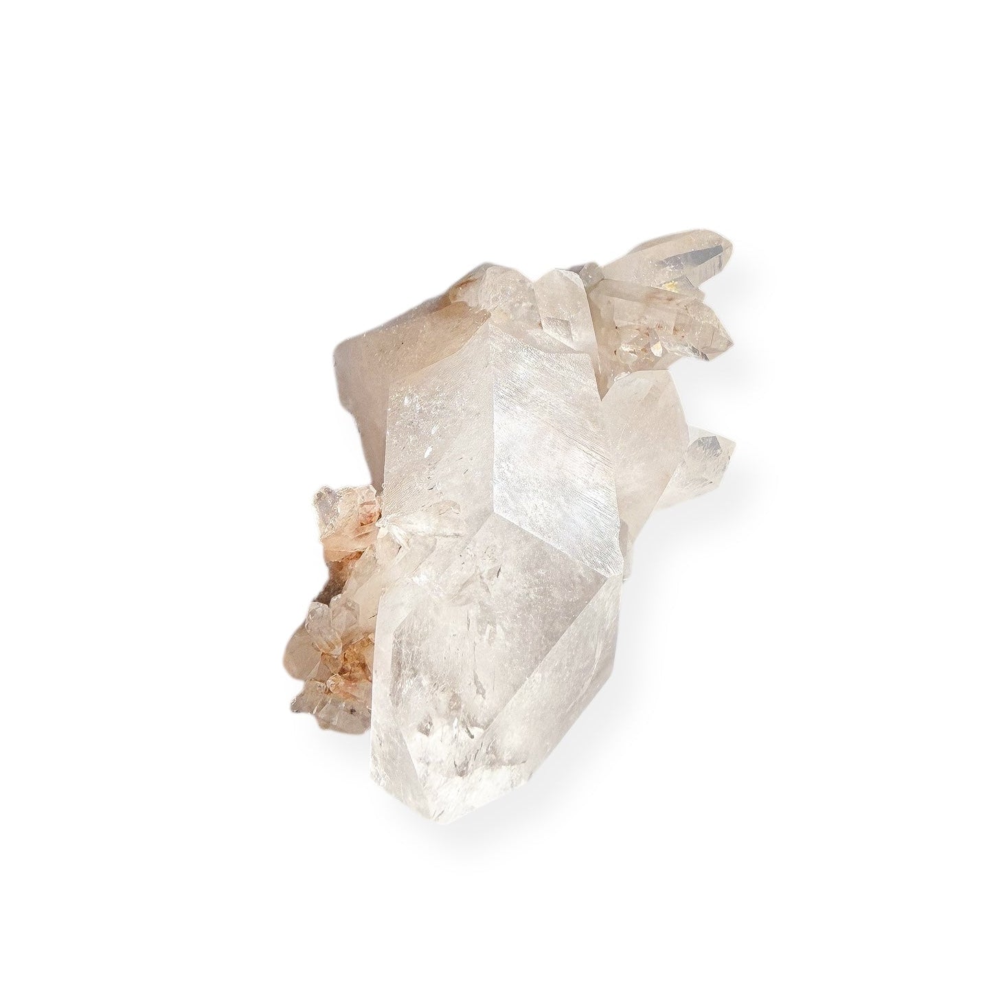 Side view of Clear Quartz cluster highlighting clear facets and structure