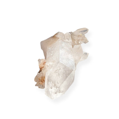 Side view of Clear Quartz cluster highlighting clear facets and structure