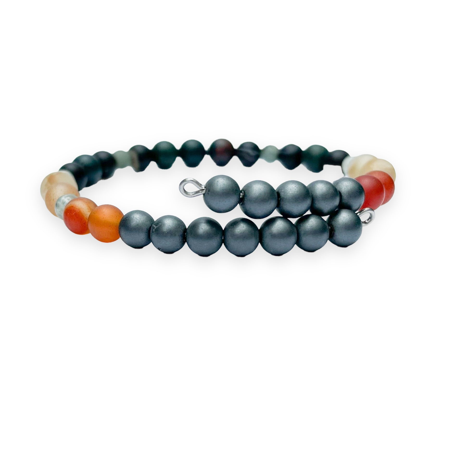 Close-up of Men’s Confidence Bracelet beads featuring Bloodstone, Citrine, Carnelian, and Hematite