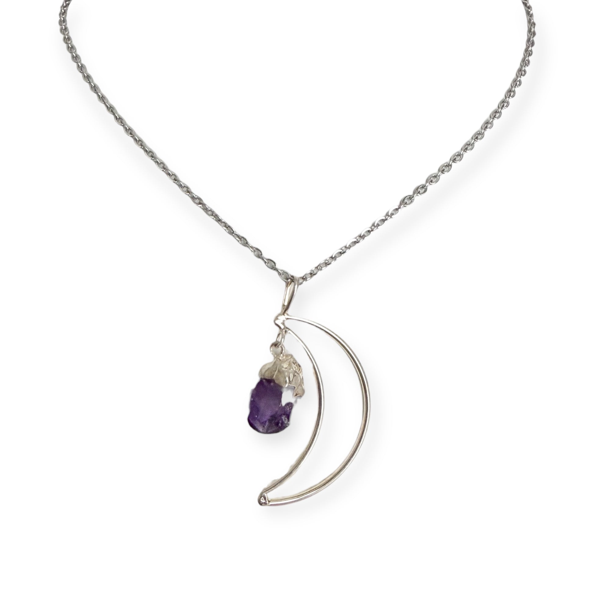 Crescent moon amethyst silver plated pendant necklace with raw purple amethyst crystal on stainless steel chain