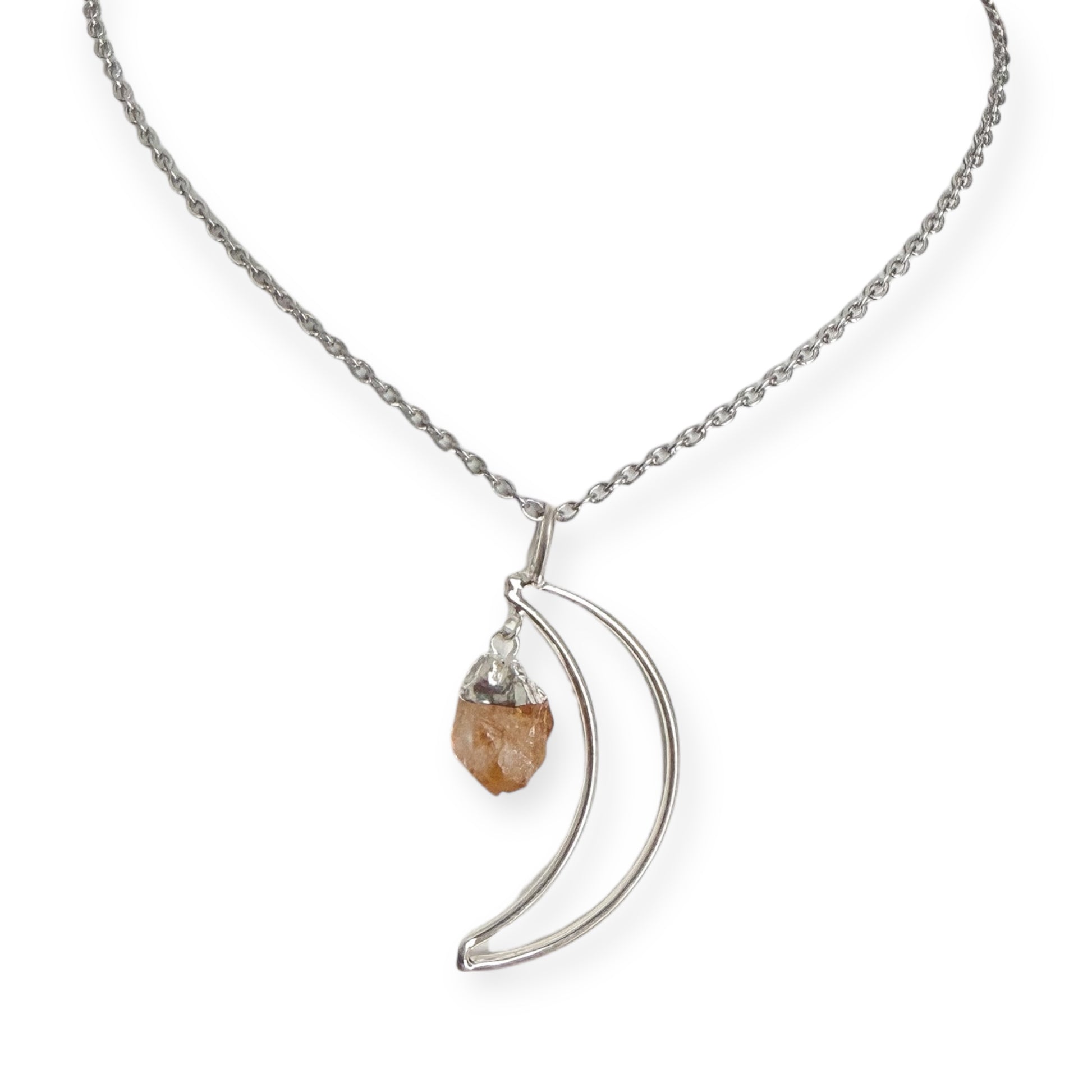 Crescent moon citrine silver plated pendant necklace on stainless steel chain, 18.5 inch length
