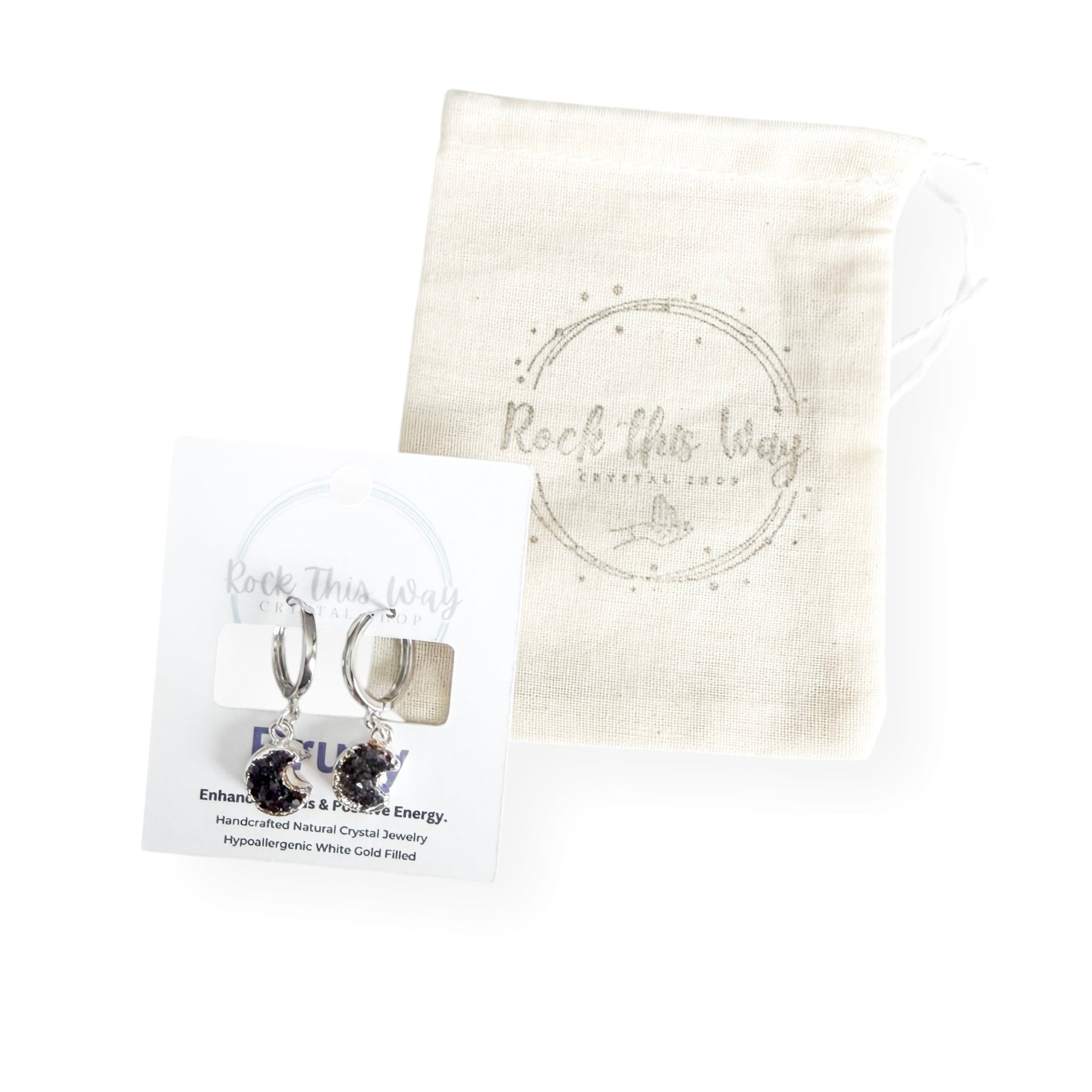Crescent moon drusy huggie earrings packaged on Rock This Way Crystal Shop jewelry card