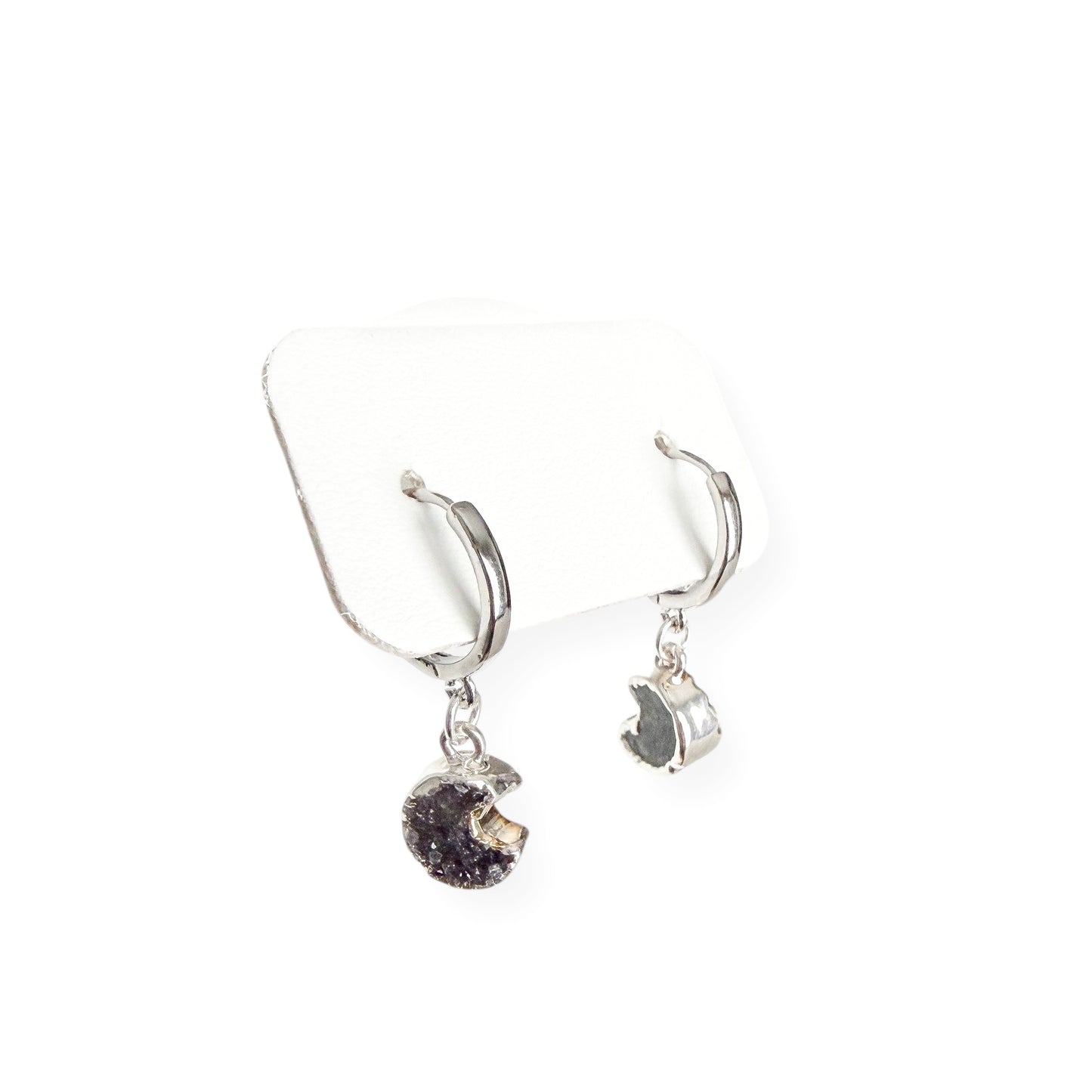 Side view of crescent moon drusy huggie earrings showing small size and detail
