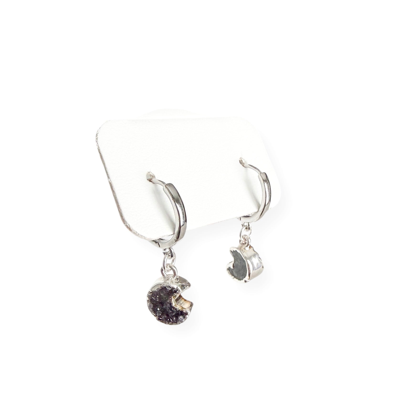 Side view of crescent moon drusy huggie earrings showing small size and detail