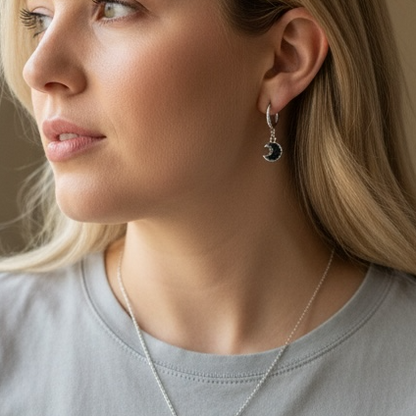 Crescent moon drusy huggie earrings worn on model, white gold filled