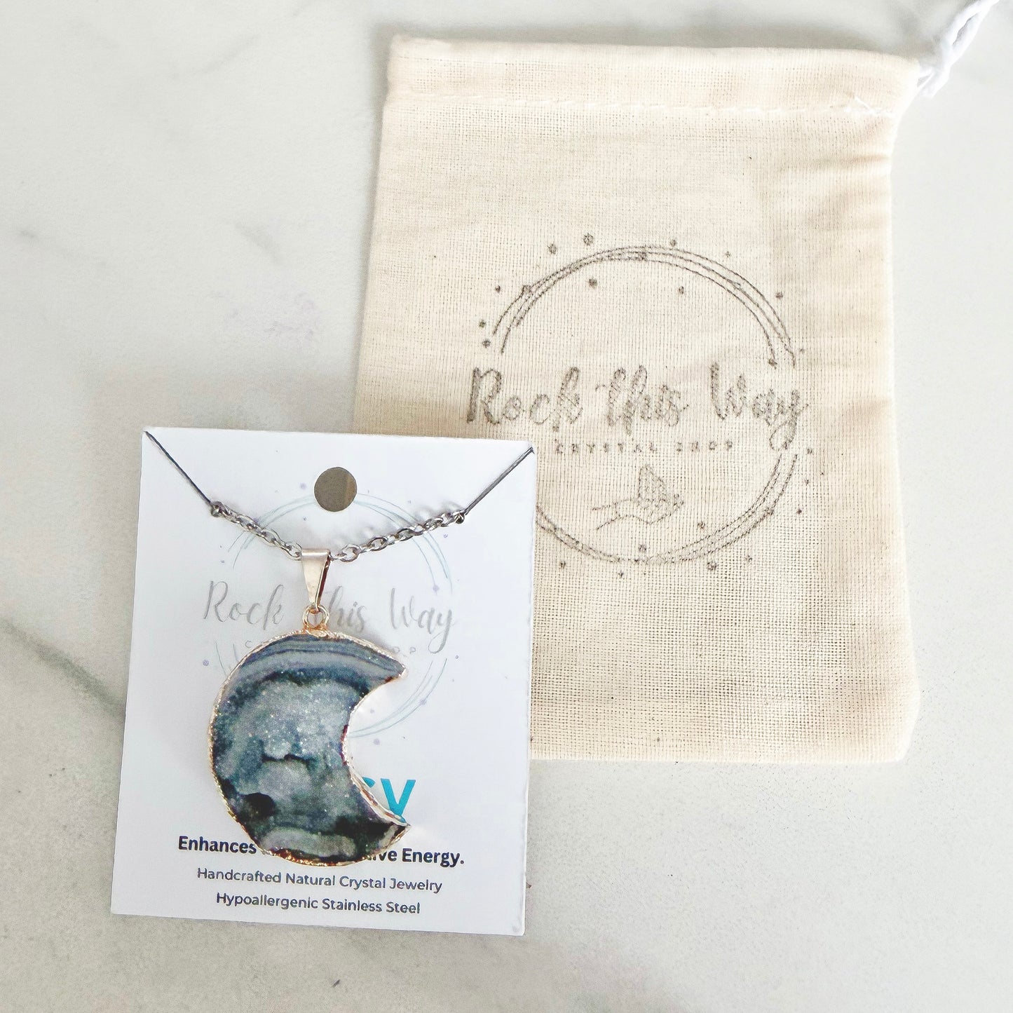 Crescent moon drusy silver plated pendant necklace packaged for gifting