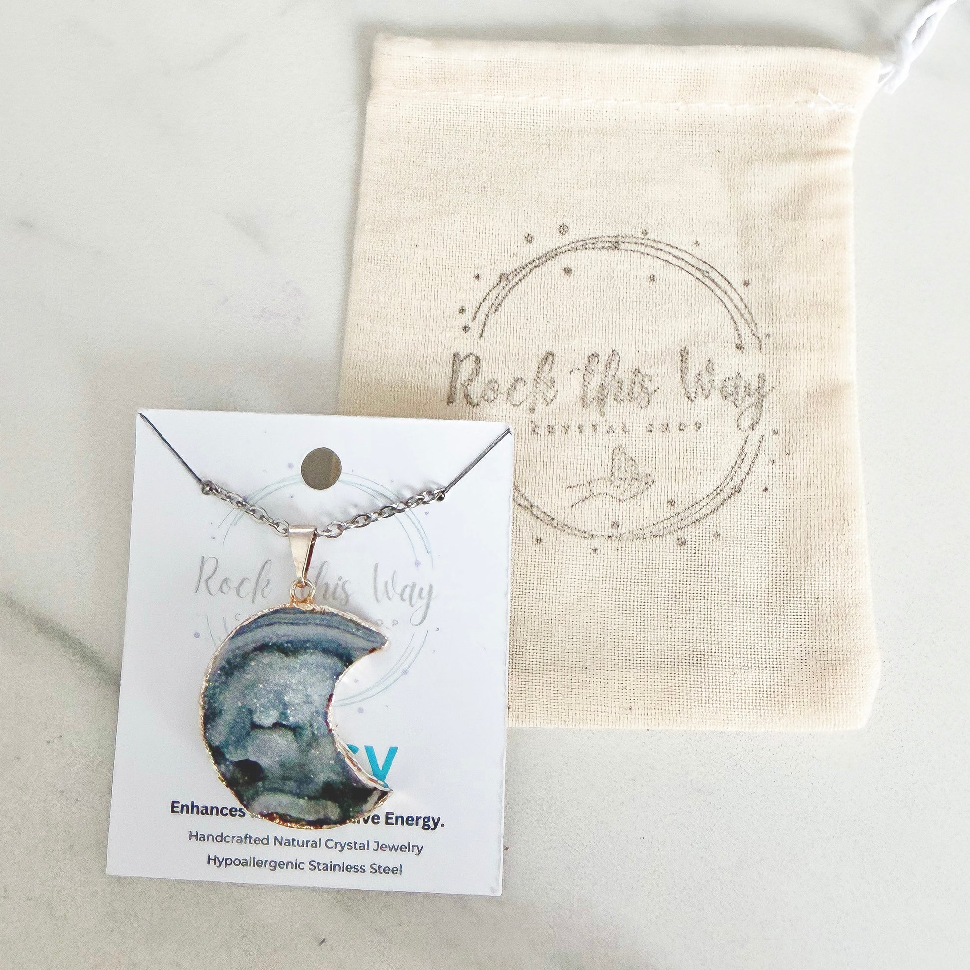 Crescent moon drusy silver plated pendant necklace packaged for gifting