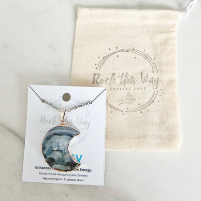 Crescent moon drusy silver plated pendant necklace packaged for gifting