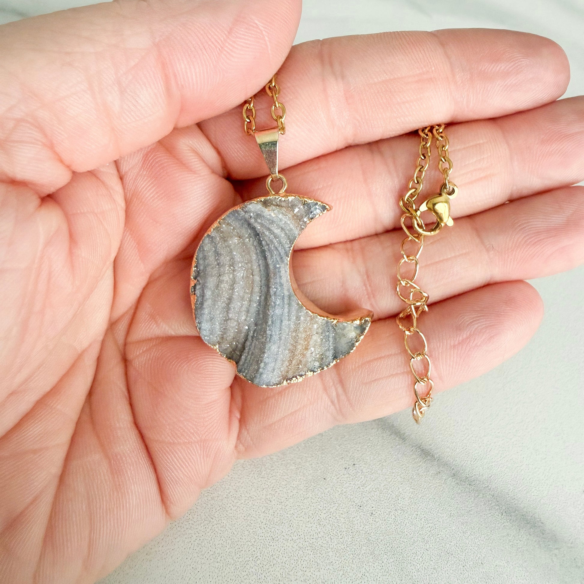 PVD gold plated stainless steel necklace with gold plated crescent moon drusy pendant, 18.5 inch chain.