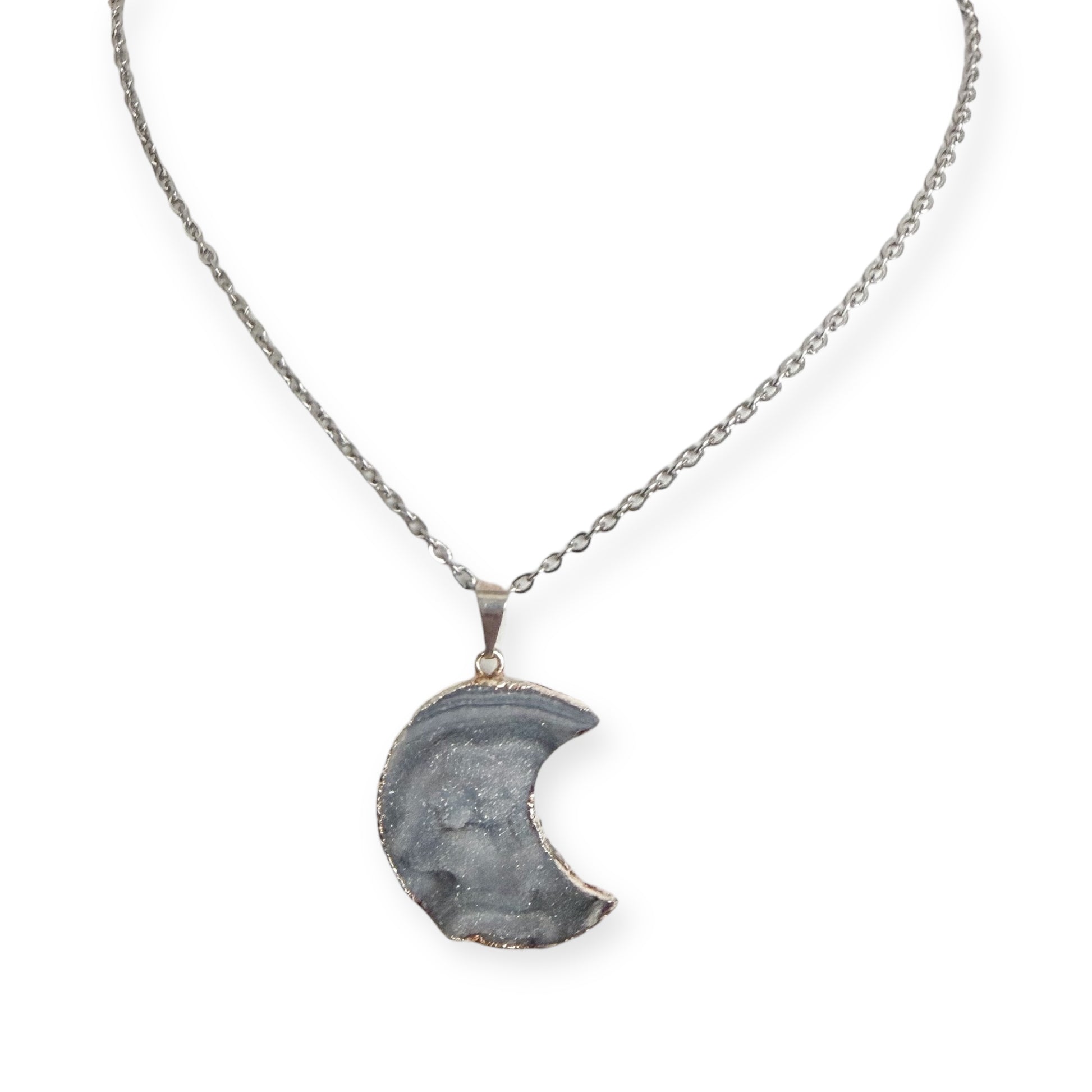 Crescent moon drusy silver plated pendant necklace with natural crystal on stainless steel chain