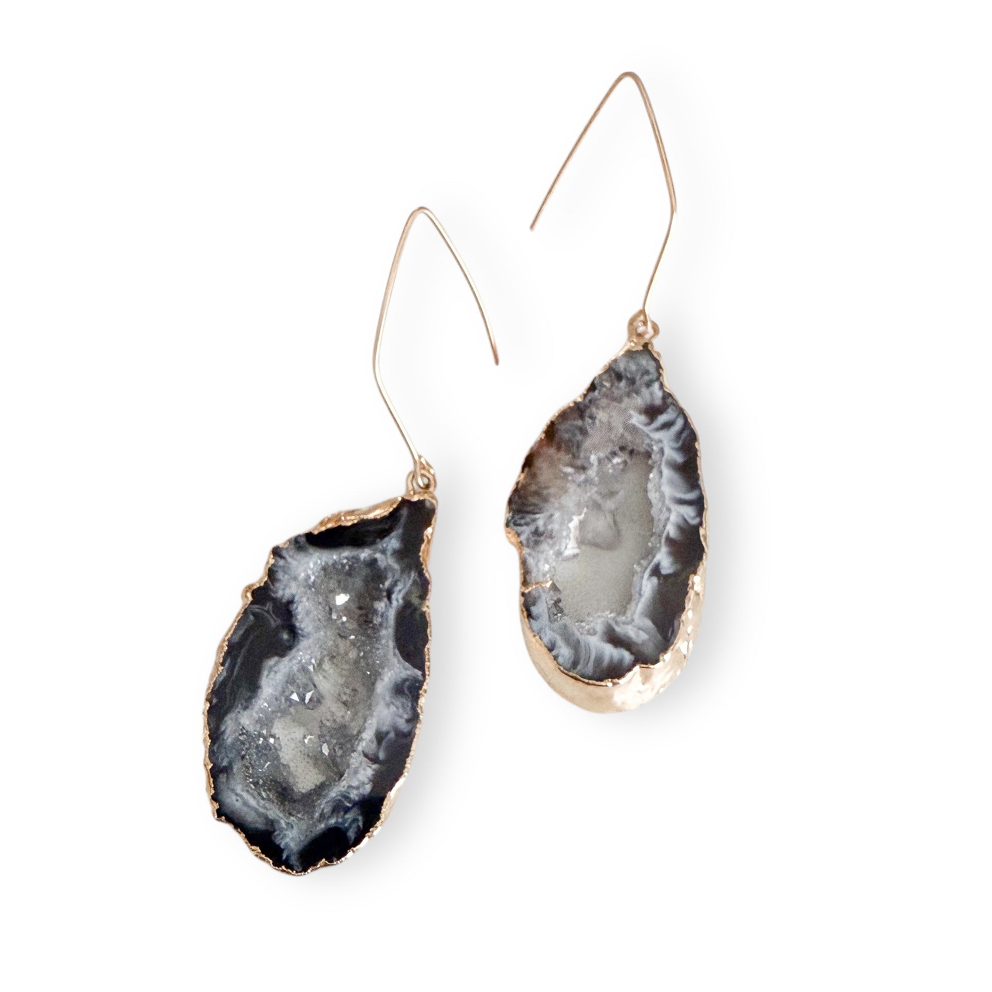 Dark agate slice geode earrings with gold filled ear wires and natural drusy center, 3 inch drop
