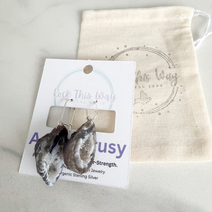 Dark geode drusy earrings packaged on Rock This Way Crystal Shop jewelry card, sterling silver kidney ear wires, ready for gifting