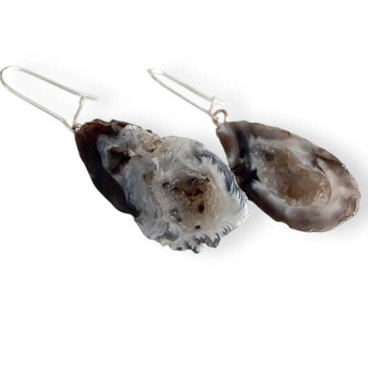 Dark geode drusy earrings with sterling silver kidney ear wires showing natural crystal detail and one-of-a-kind texture