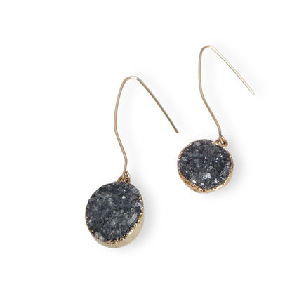 Dark gray round drusy earrings with gold filled ear wires and 2 inch drop on white background