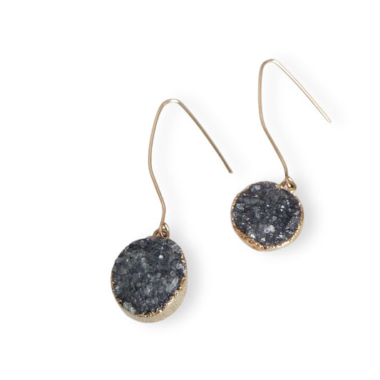 Dark gray round drusy earrings with gold filled ear wires and 2 inch drop on white background