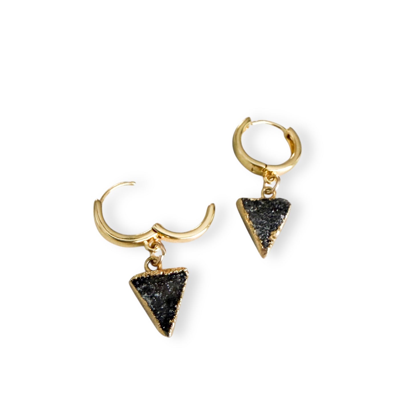 Dark triangle drusy huggie earrings with gold filled hoops and natural black drusy crystal triangle charms on a white background.