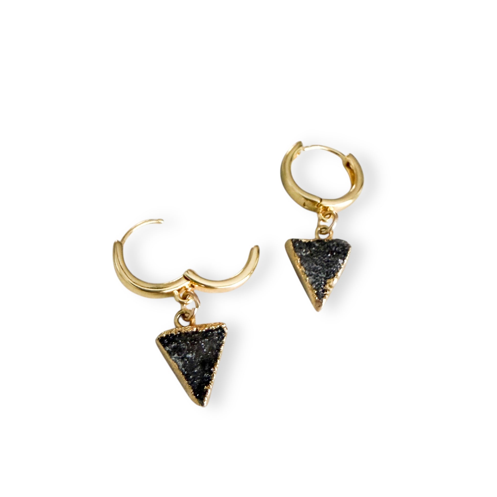 Dark triangle drusy huggie earrings with gold filled hoops and natural black drusy crystal triangle charms on a white background.