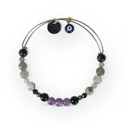 Protection Crystal Bracelet with amethyst and black tourmaline on meaning card