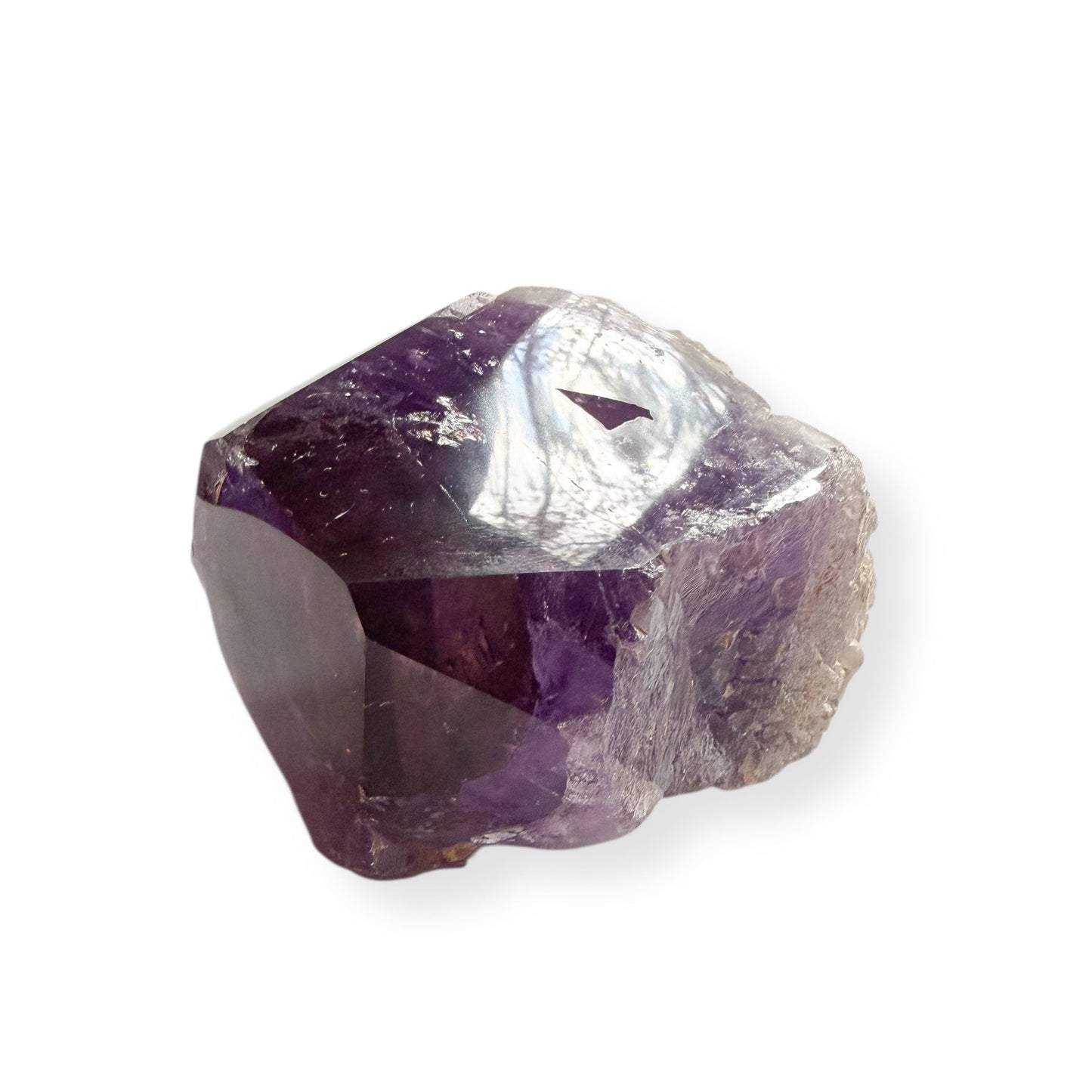 Extra large deep purple amethyst point crystal front view