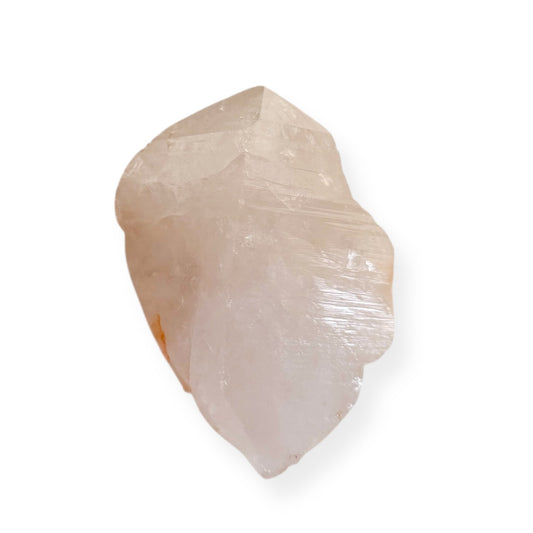 Extra Large White Quartz Point crystal with soft white glow on white background