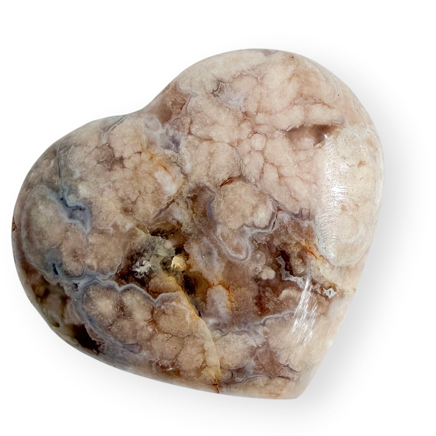 Polished Flower Agate heart featuring dense cream-colored flower plumes, soft gray chalcedony banding, and natural druzy pockets.