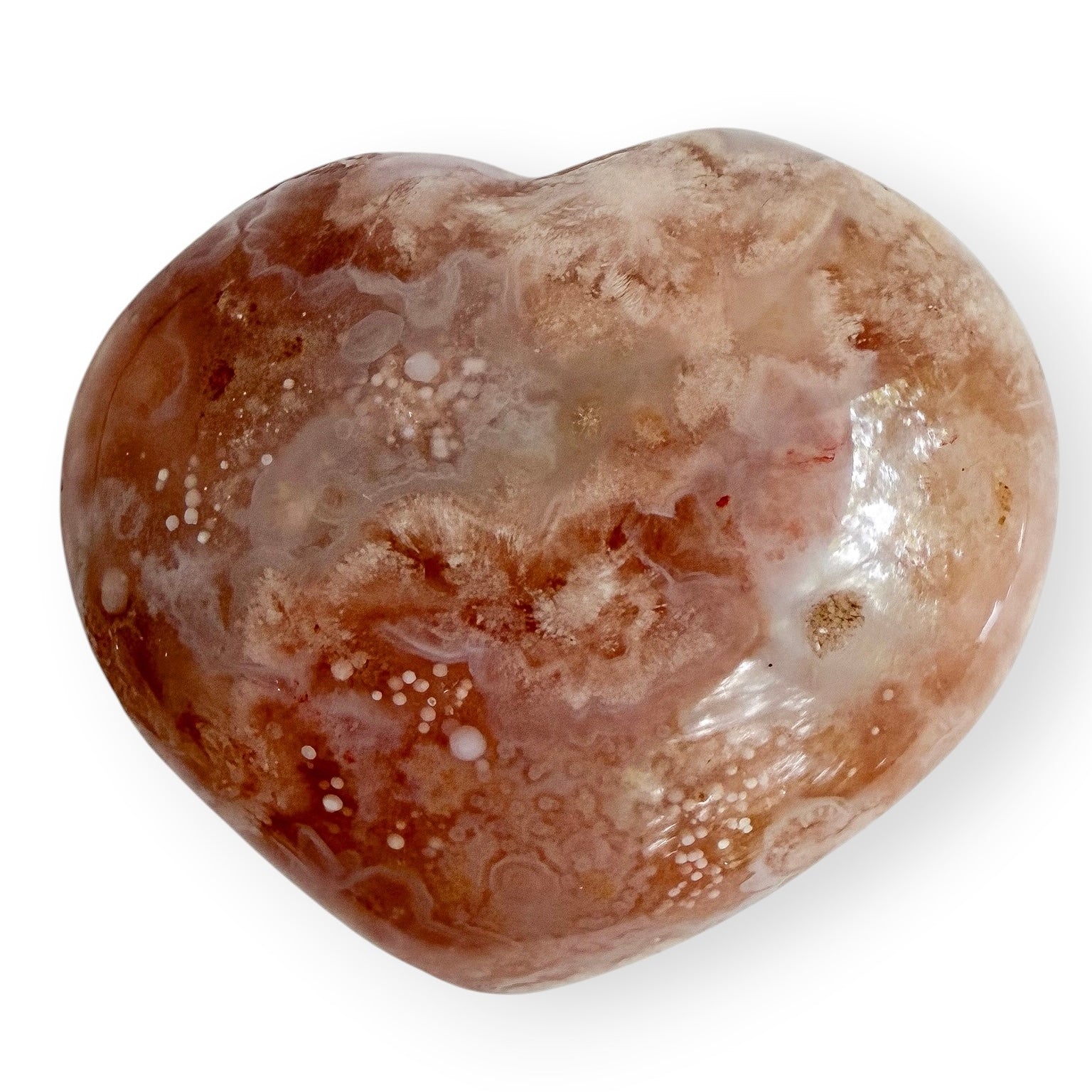 Polished Madagascar Flower Agate heart featuring cream floral plumes, orb-like chalcedony formations, and soft peach tones.