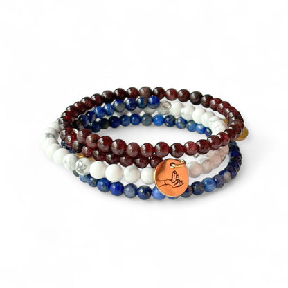 Freedom Stack with Garnet, White Howlite, and Lapis Lazuli 4mm wrap bracelets displayed together