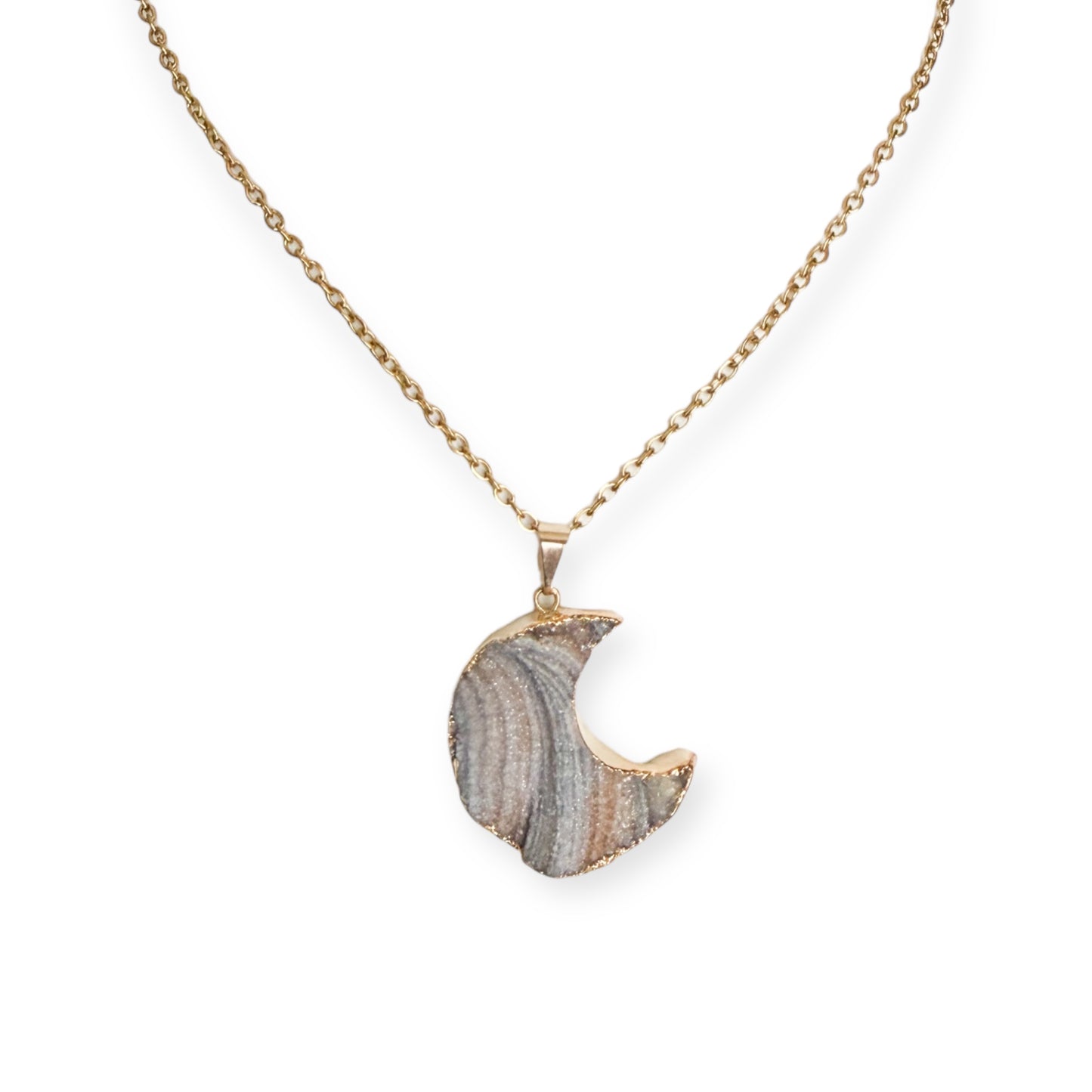 Gold plated crescent moon drusy pendant necklace with natural crystal texture on a PVD gold plated stainless steel chain.