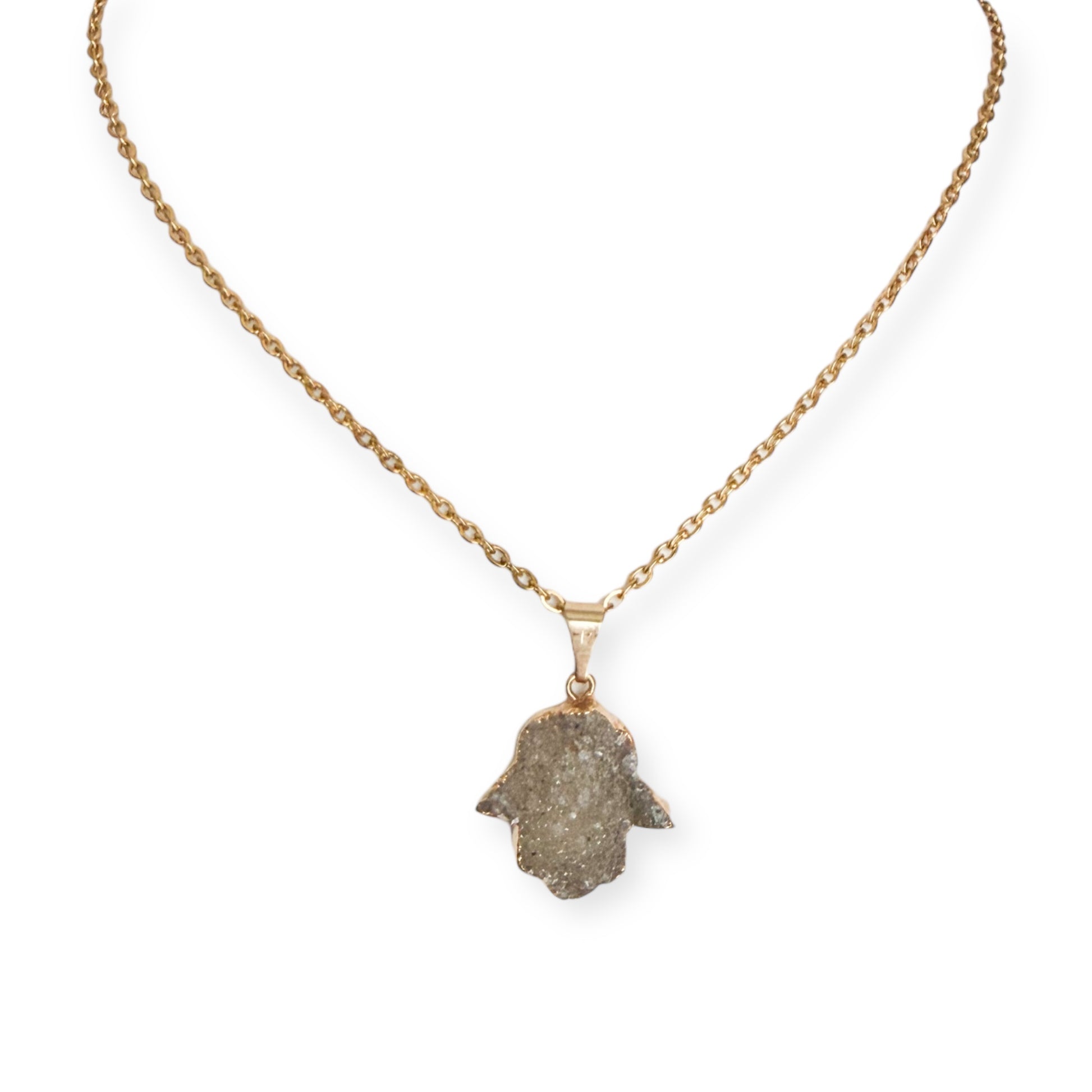 Gold plated Hamsa drusy hand pendant necklace with natural crystal texture on a PVD gold plated stainless steel chain.