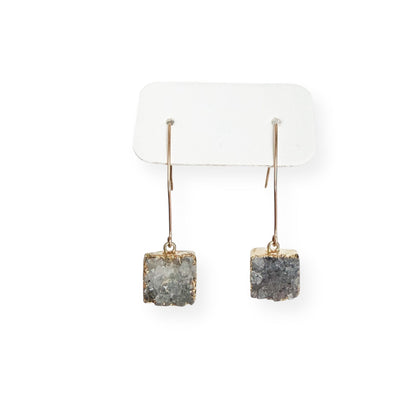 Close-up of gray square drusy crystal earrings showing natural sparkle and gold filled setting