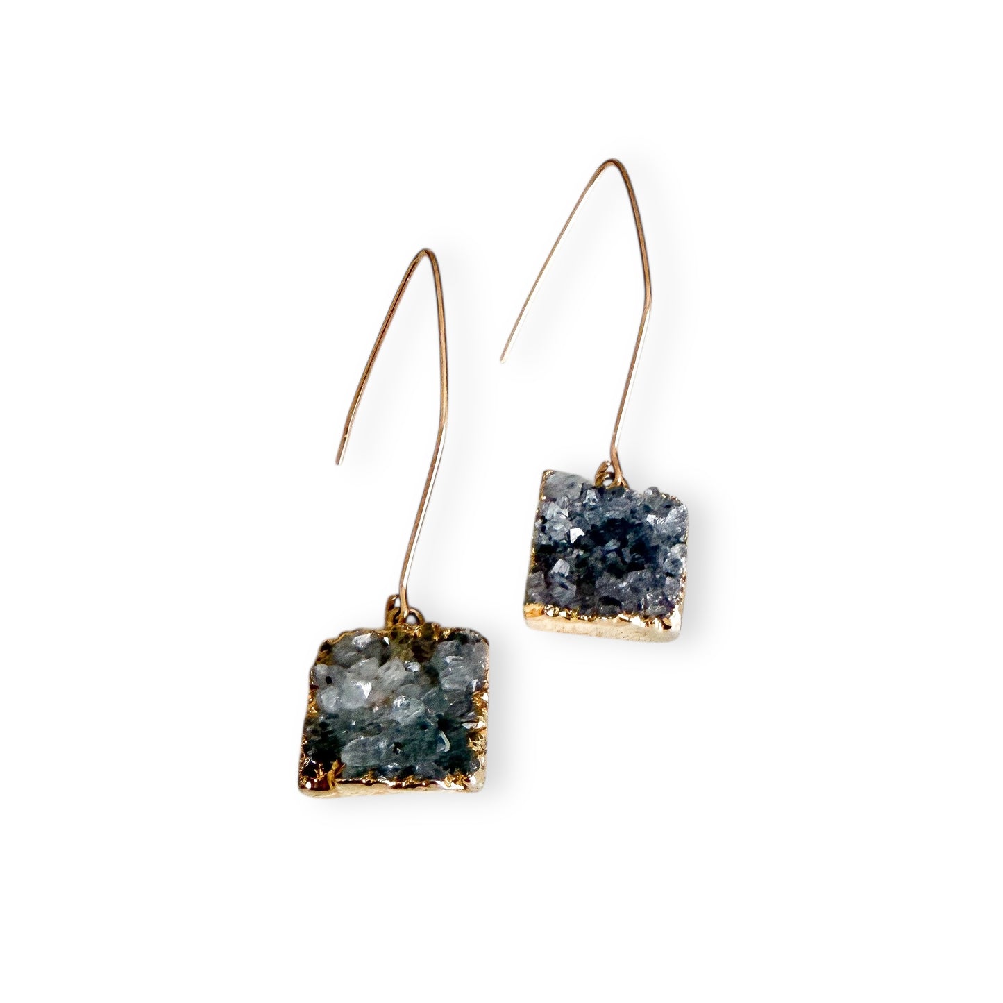 Gray square drusy earrings with natural dark gray crystal and gold filled ear wires on white background