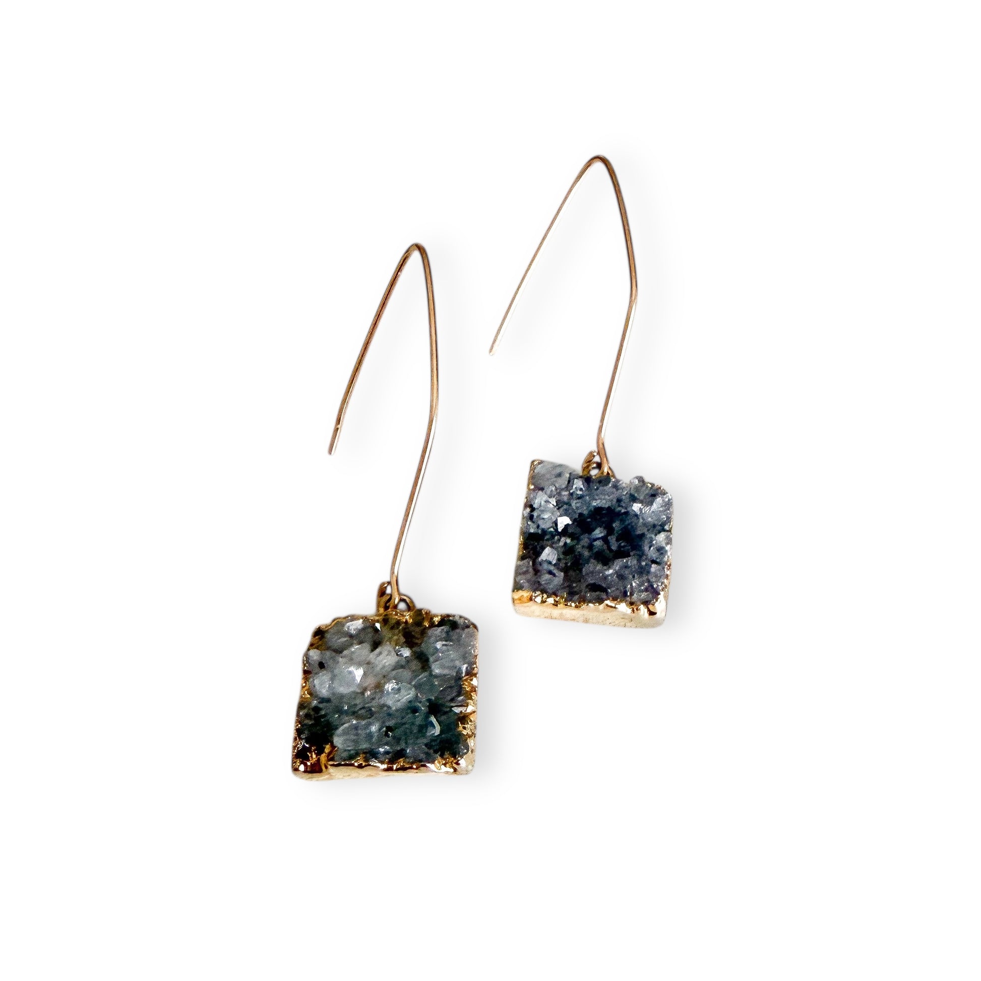 Gray square drusy earrings with natural dark gray crystal and gold filled ear wires on white background
