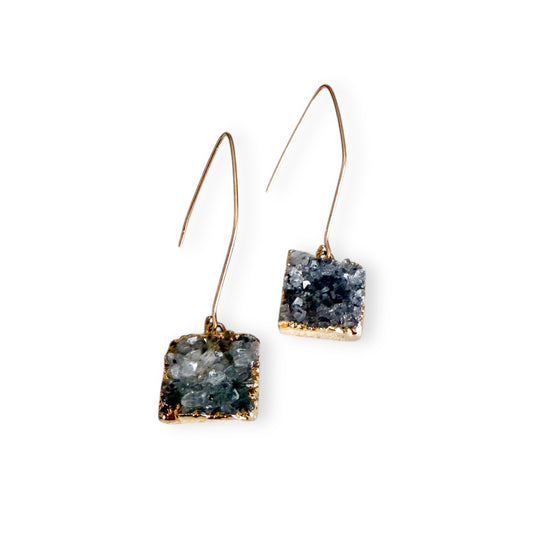 Gray square drusy earrings with natural dark gray crystal and gold filled ear wires on white background