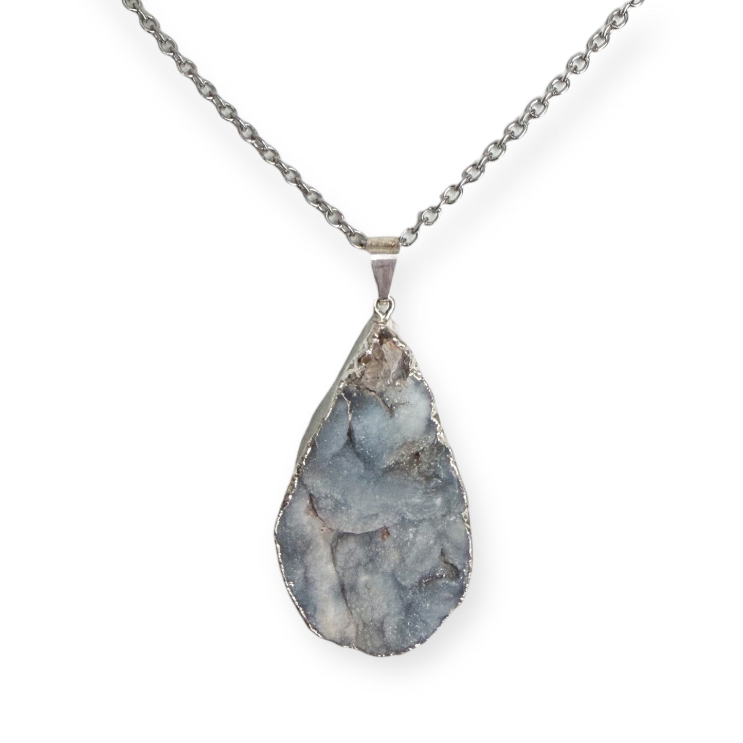 Gray teardrop drusy pendant necklace with sterling silver plating on a stainless steel chain.