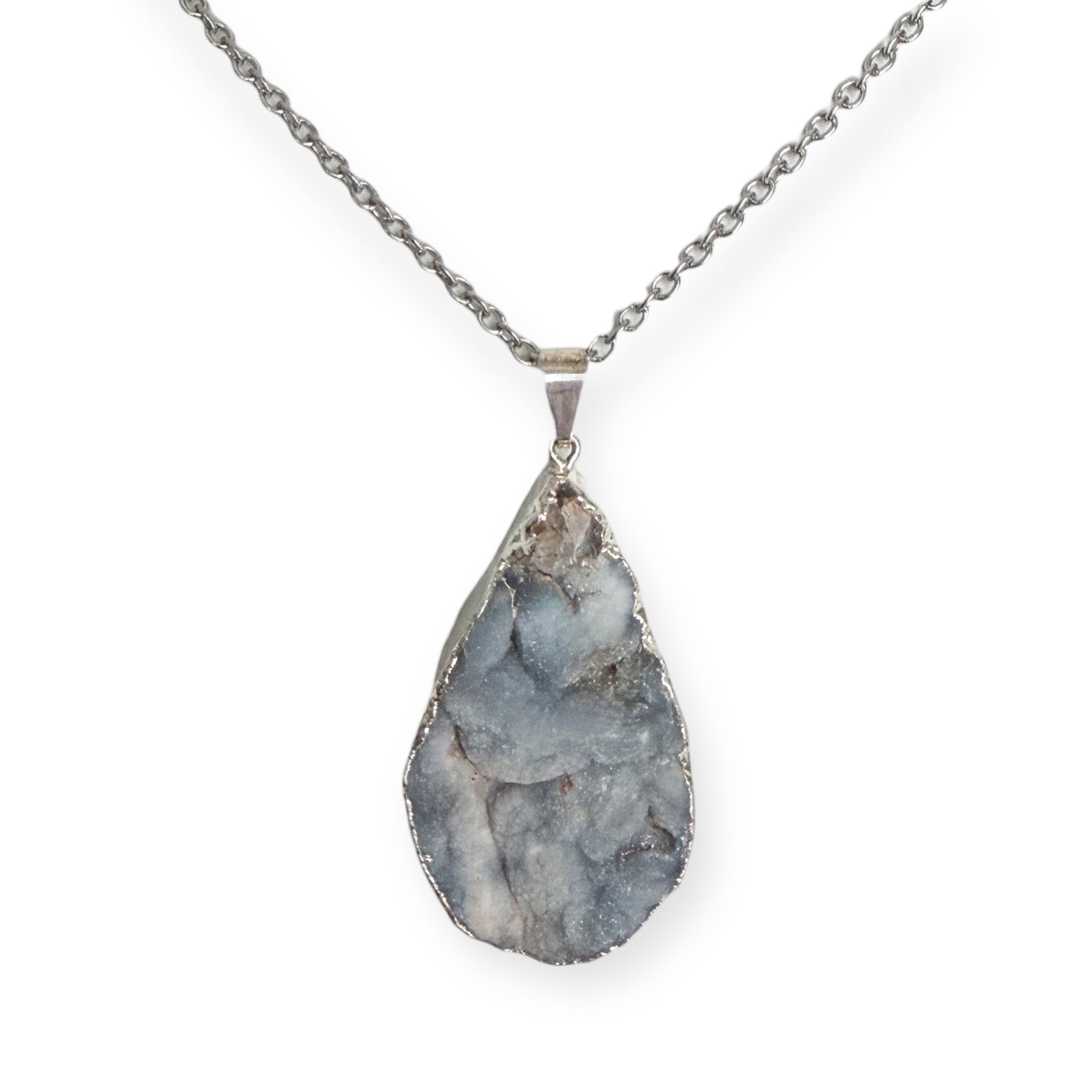 Gray teardrop drusy pendant necklace with sterling silver plating on a stainless steel chain.