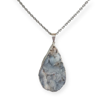 Gray teardrop drusy pendant necklace with sterling silver plating on a stainless steel chain.