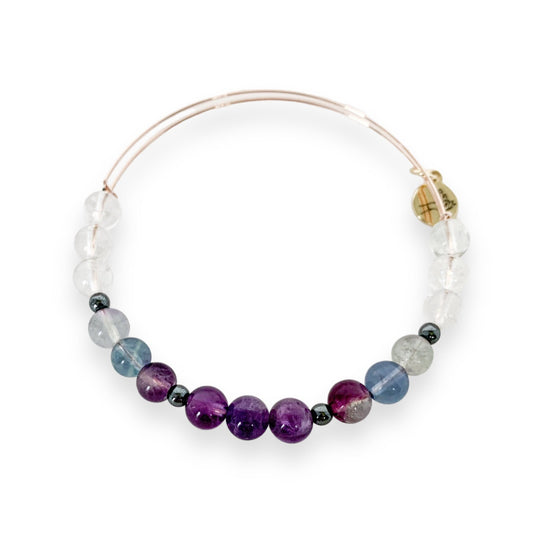 Handcrafted Focus Crystal Healing Bracelet with Amethyst, Fluorite, and Clear Quartz.