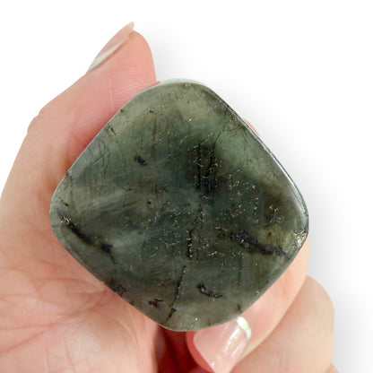 Bottom view of a Labradorite free form with natural patterning and polished finish.