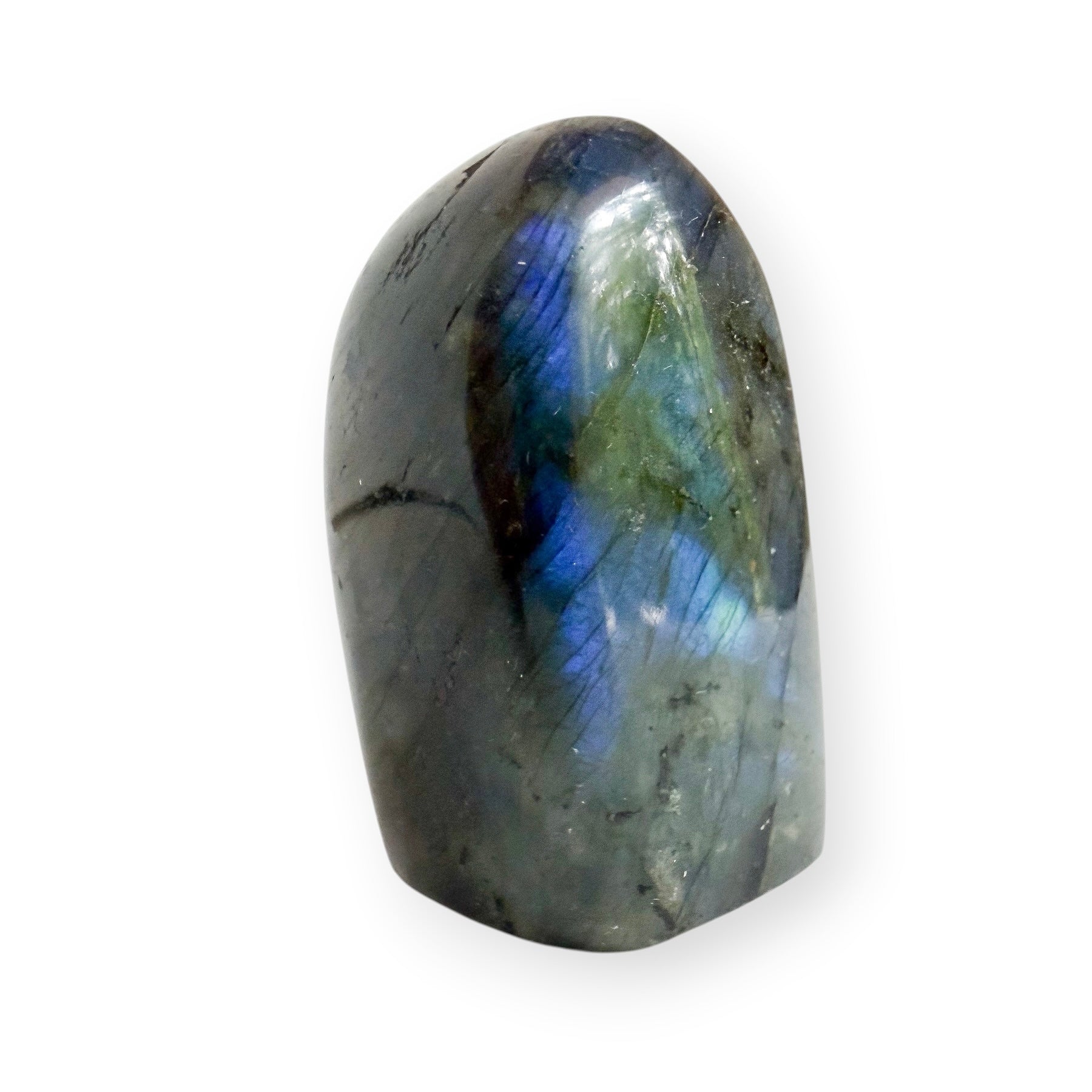 Polished Labradorite free form displaying vibrant blue and green flash across the front face.