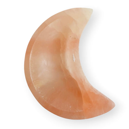 Large orange Satin Spar crescent moon bowl with a polished interior and warm translucent glow.