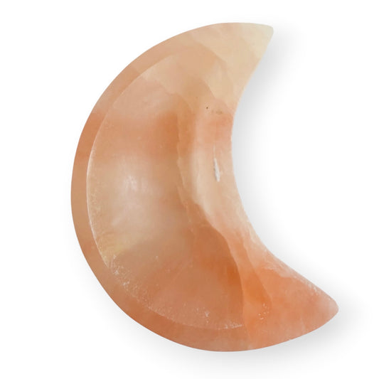 Large orange Satin Spar crescent moon bowl with a polished interior and warm translucent glow.