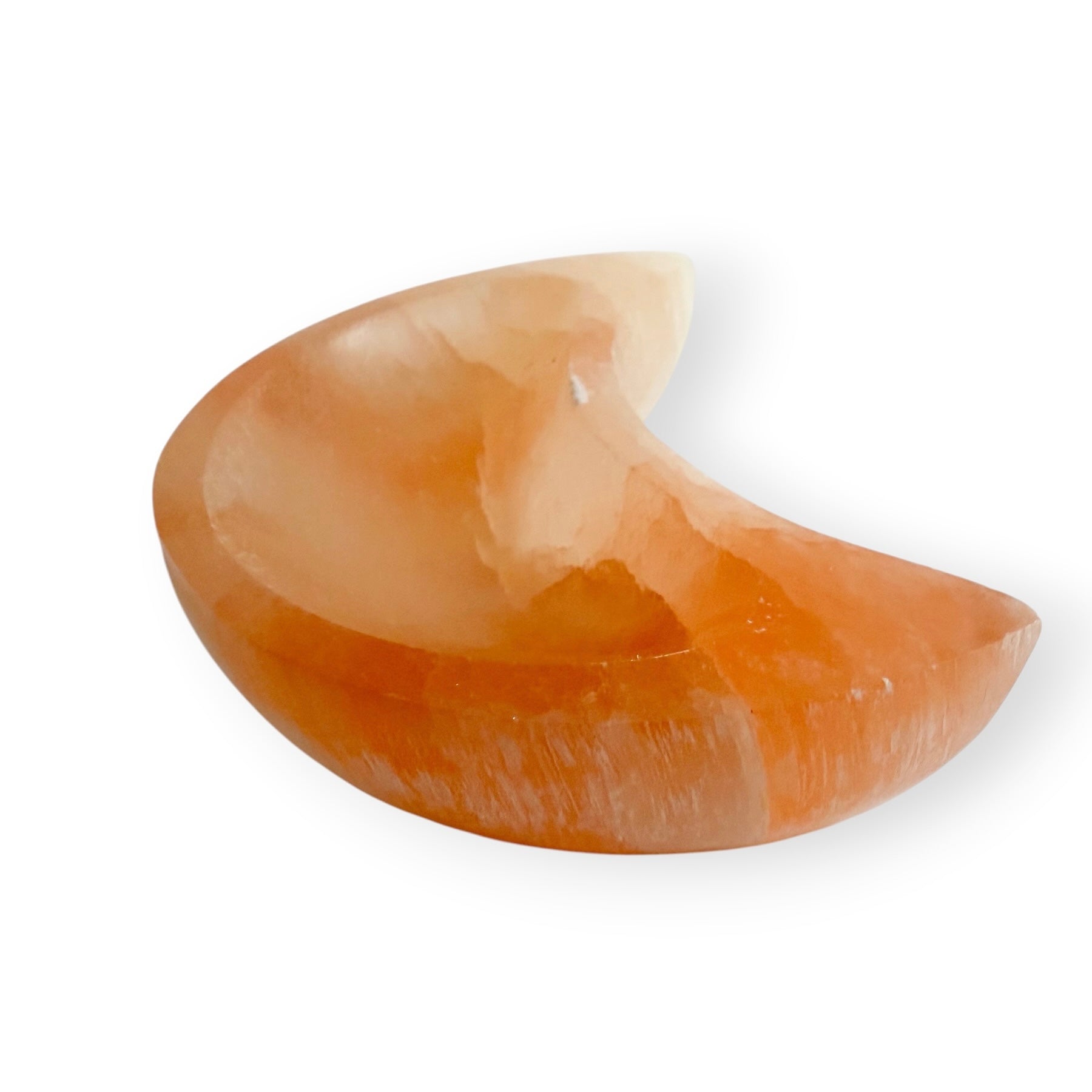 Large orange Satin Spar crescent moon dish featuring soft peach tones and natural chatoyant shimmer.