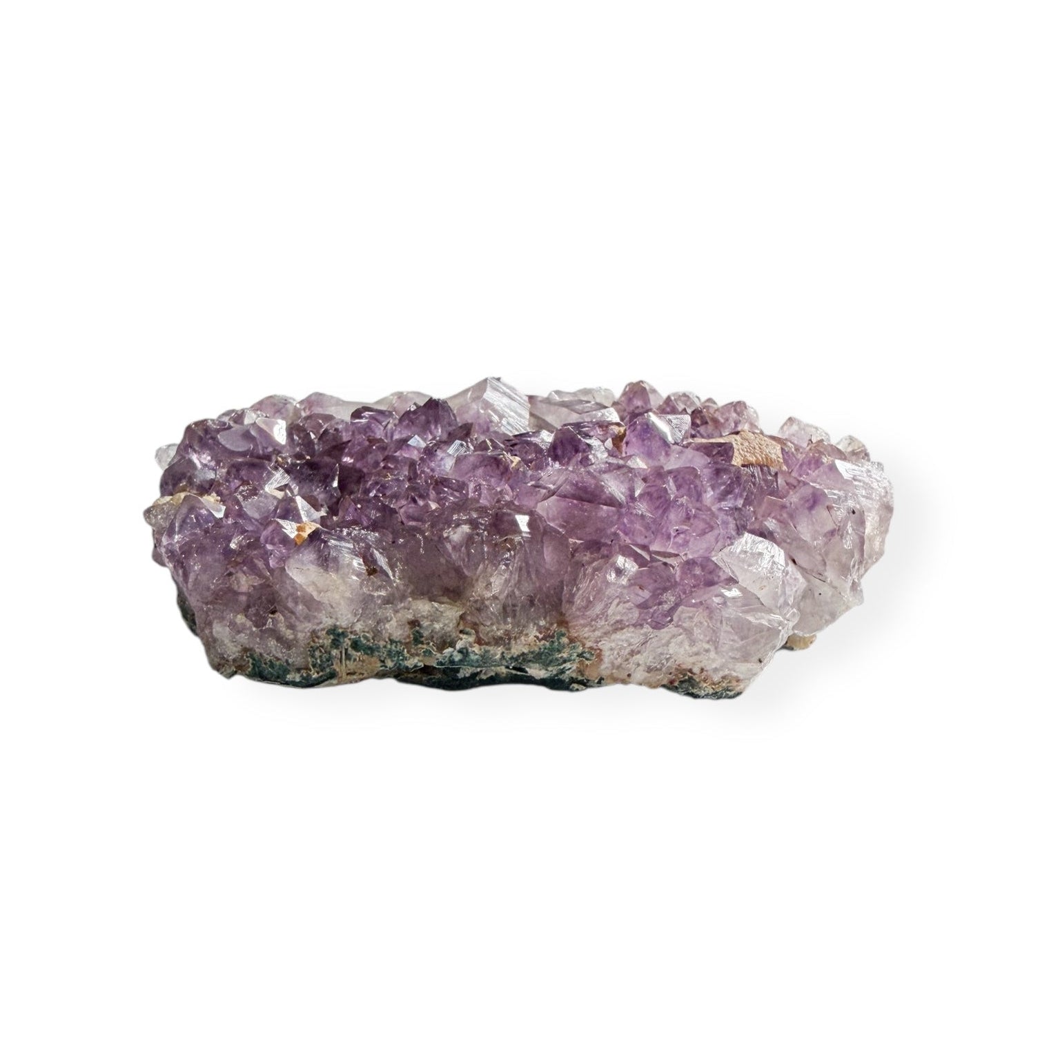 Side view of Large Amethyst Cluster showing layers of purple quartz crystals