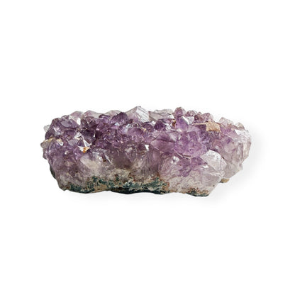Side view of Large Amethyst Cluster showing layers of purple quartz crystals